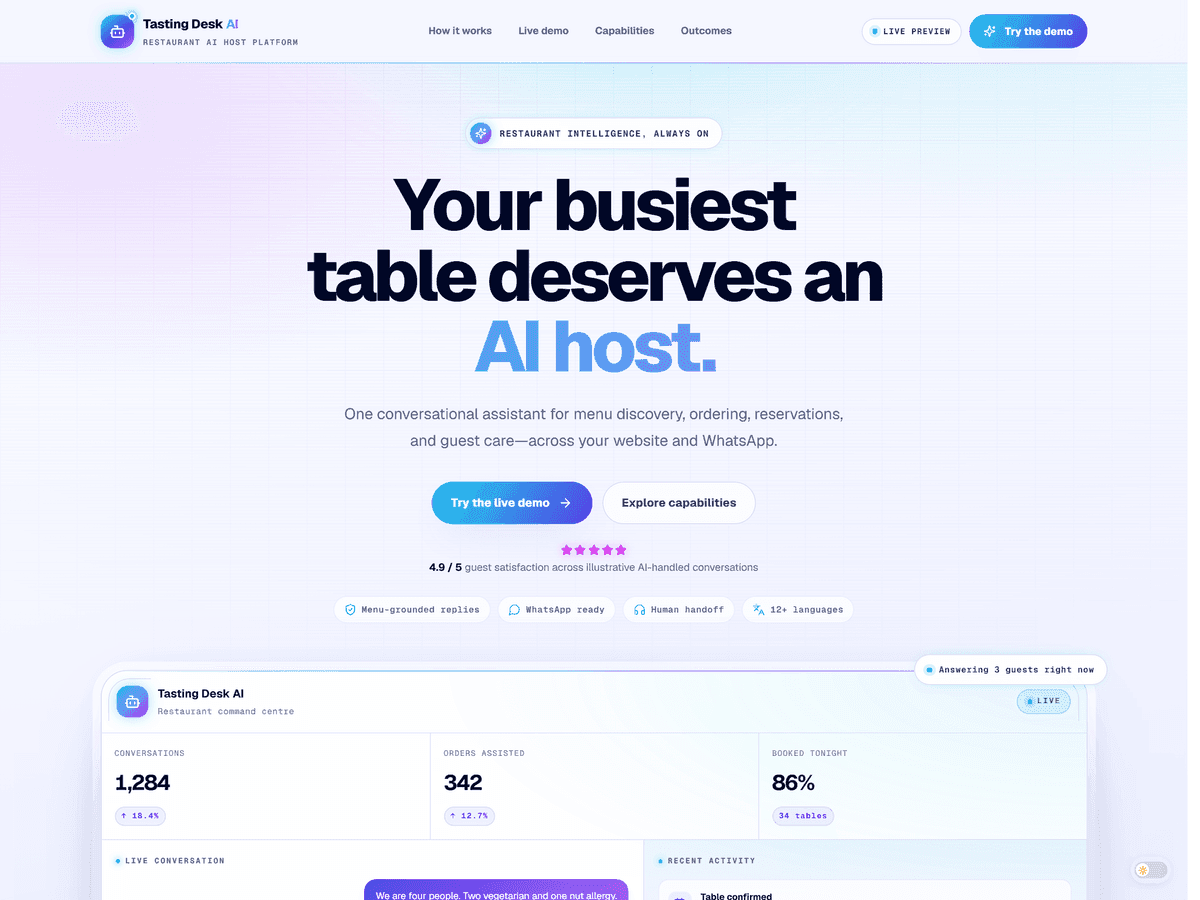 Restaurant AI chatbot showcase screenshot