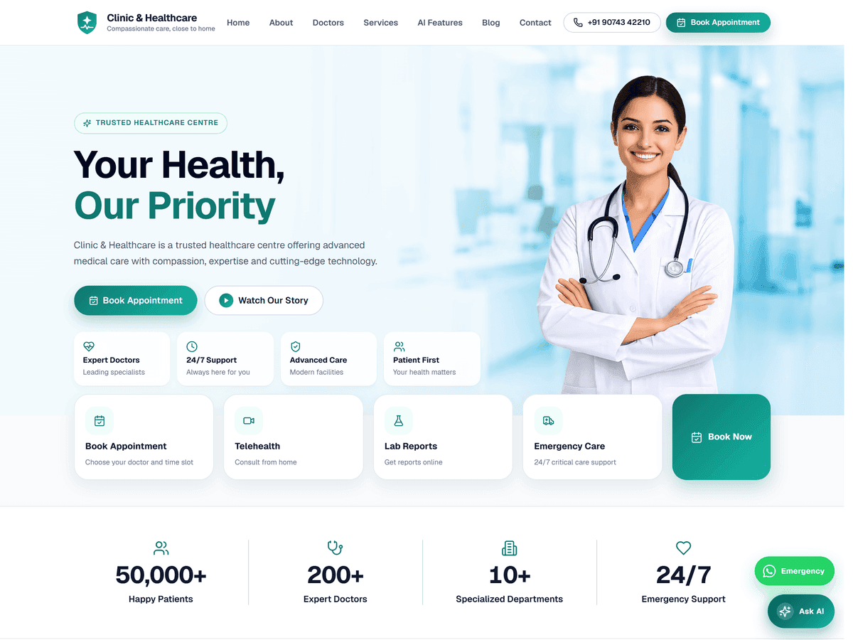 Clinic and healthcare website screenshot