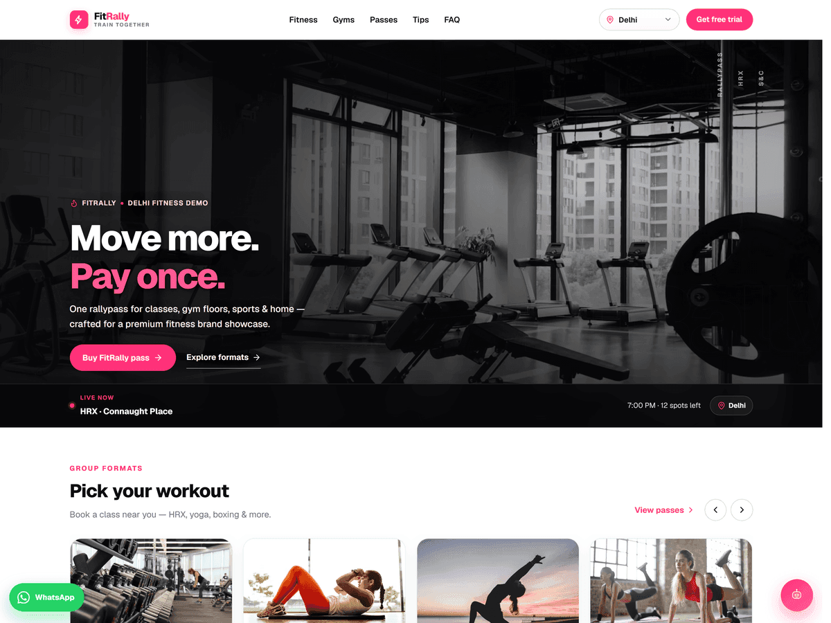 FitRally gym website — hero, live session bar, and Pick your workout formats