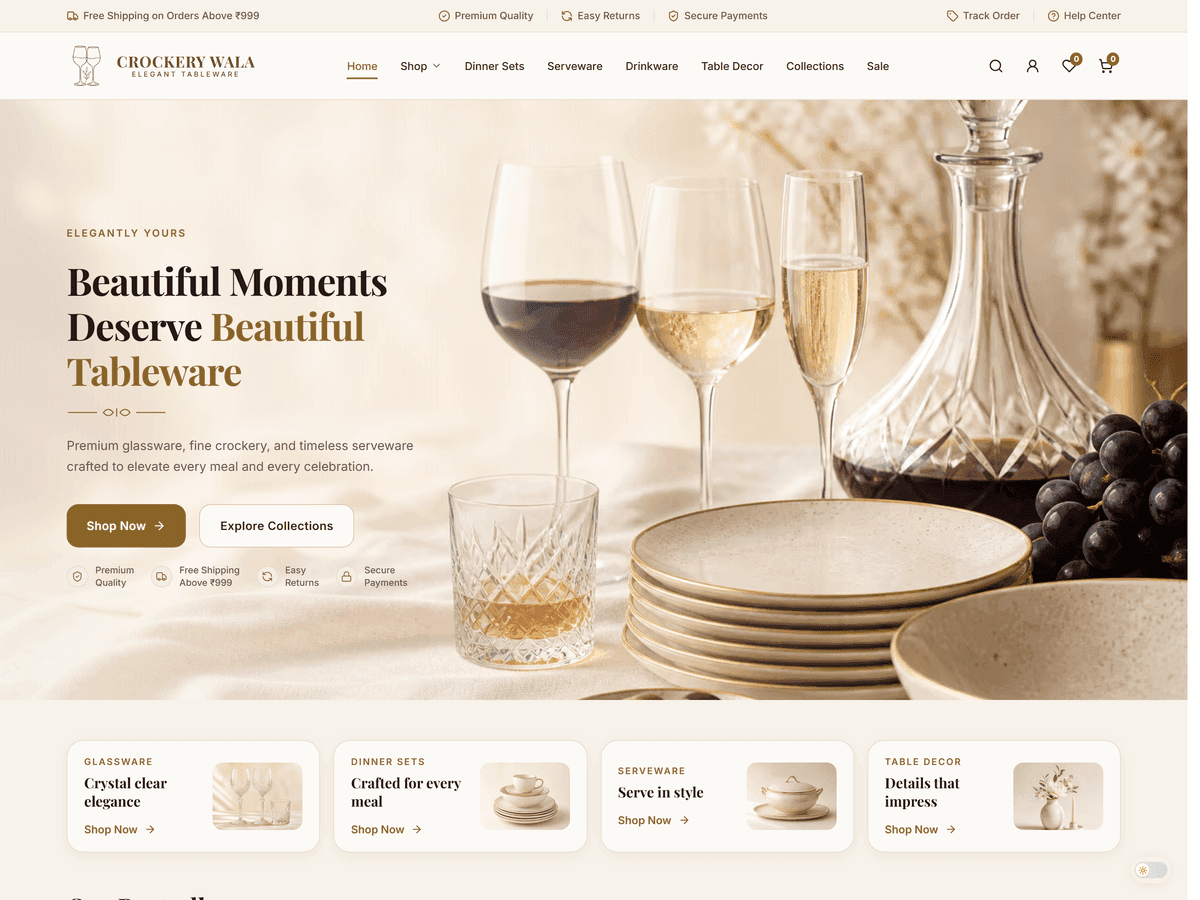 Crockery Wala elegant tableware ecommerce showcase screenshot