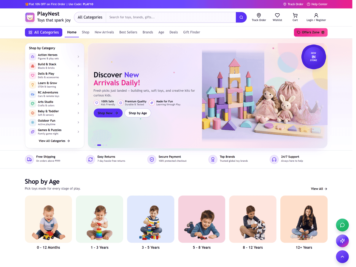 PlayNest toy store showcase — hero, category sidebar, and trust bar