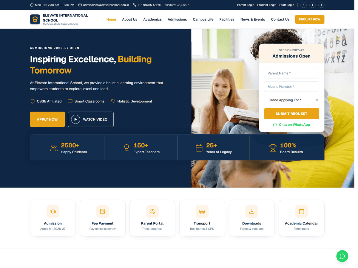 School website admissions showcase screenshot